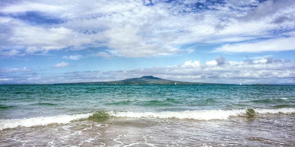 Takapuna Beach looking out to Rangitoto Island in Auckland, New Zealand