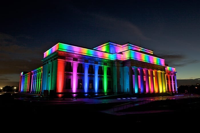 Auckland Museum lit up like a rainbow for PRIDE