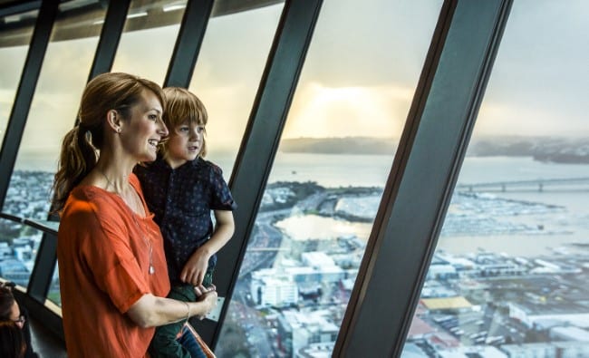 Mother and son up the Sky Tower overlooking Auckland City