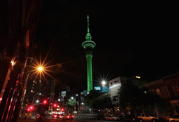 Sky Tower light up in green for St Patricks Day