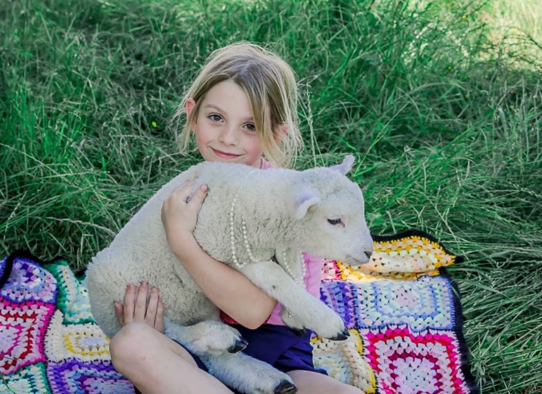 Girl with a lamb on a picnic blanket