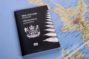 New Zealand passport and map