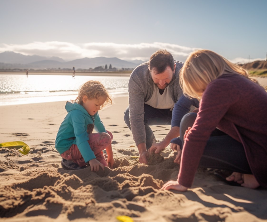 Family digging for treasure in the sand