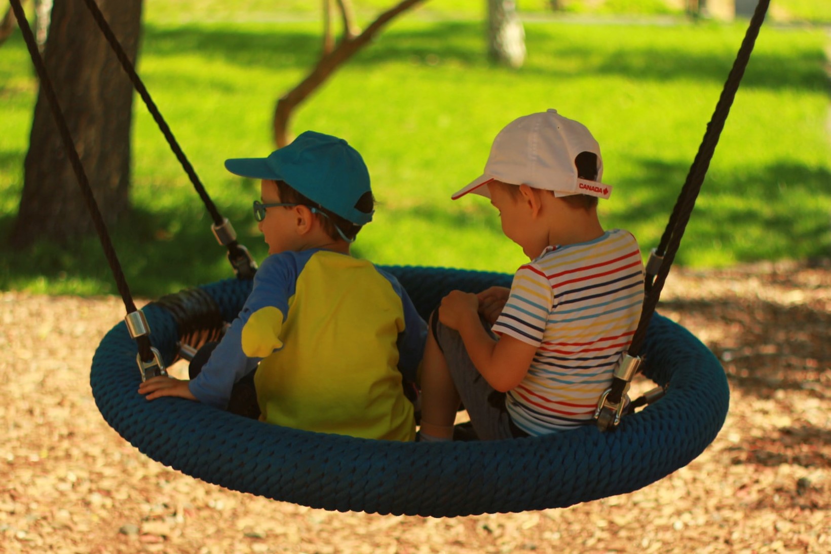Children playing on a basket swing at park