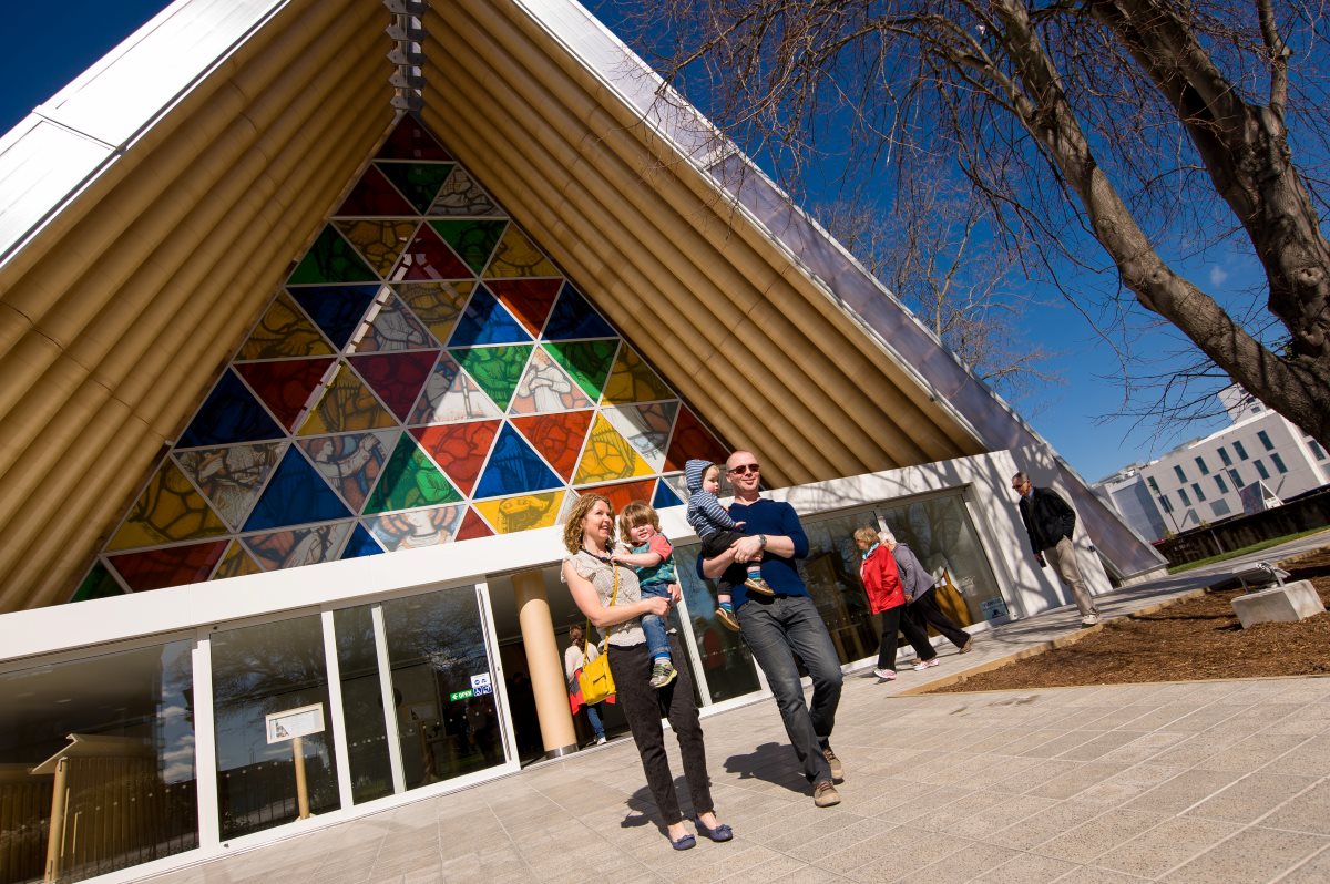 Family visiting the cardboard cathedral in Christchurch