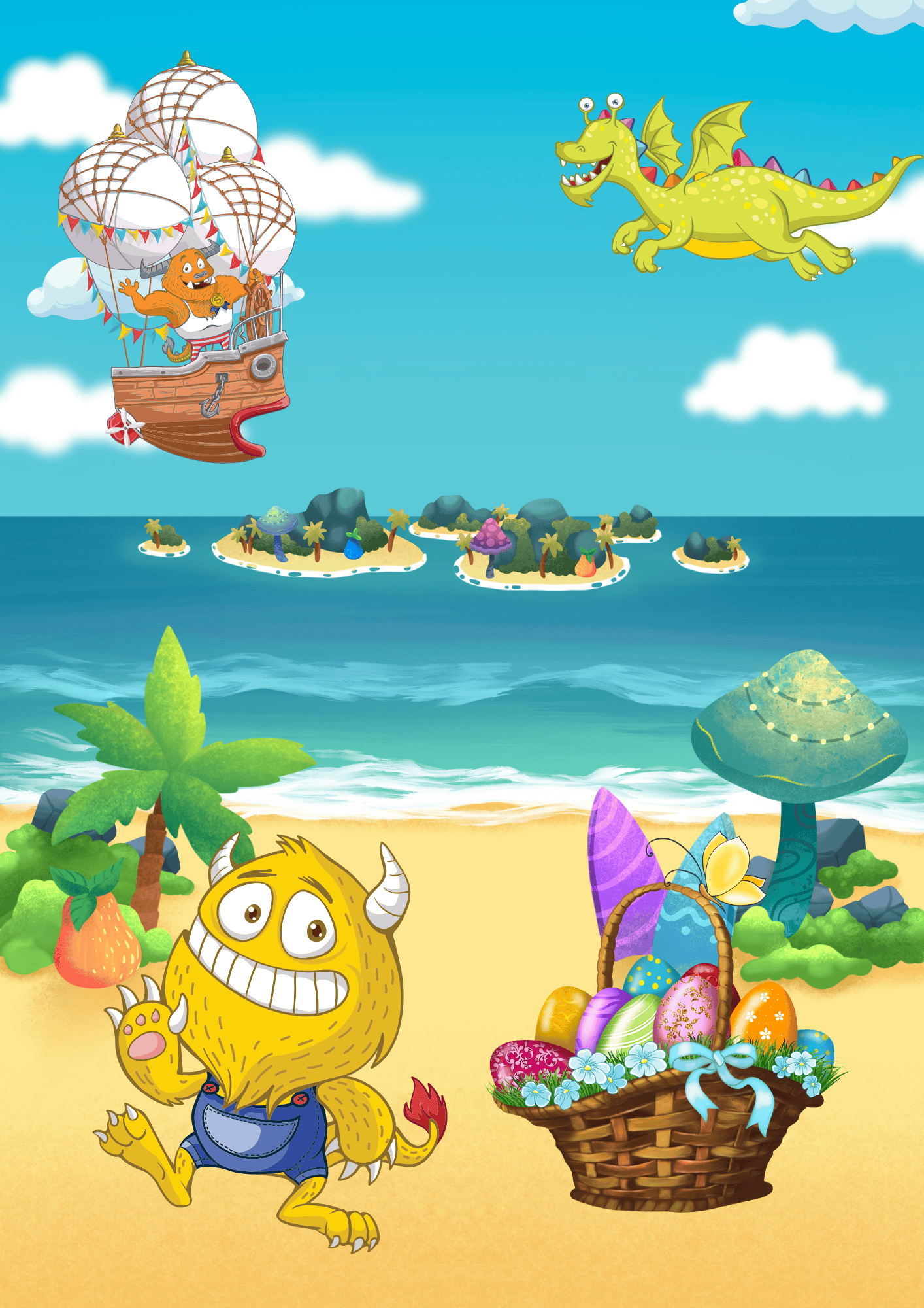 Colourful Easter event flyer with cartoon monster, Easter eggs, flying ship and dragon over tropical islands