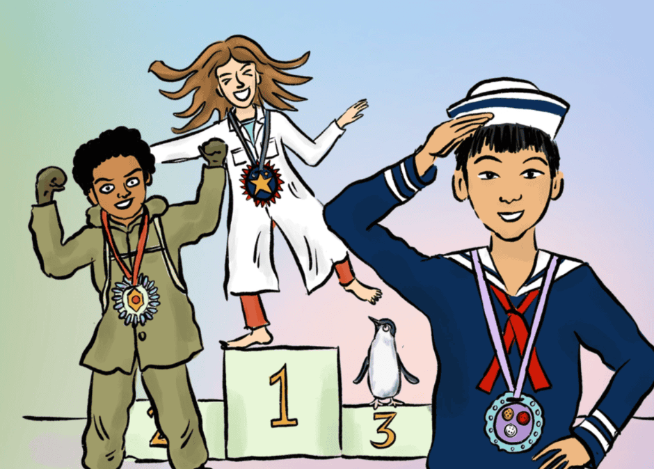 Children standing on a winners’ podium wearing handmade medals at the Maritime Museum’s Medal Makers event