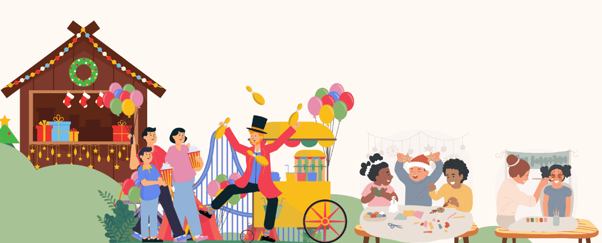 Illustrated Christmas market with food stalls, a juggler, craft tables, face painting and children enjoying festive activities