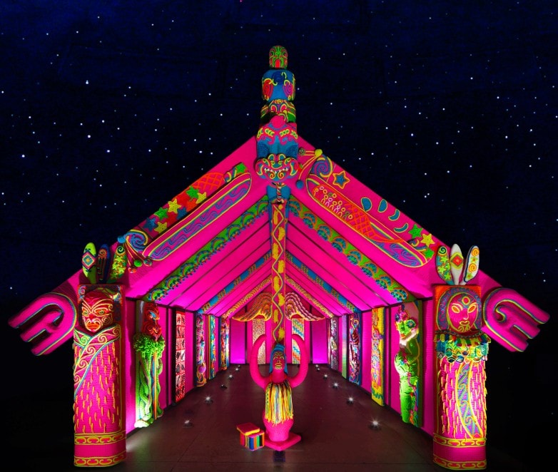 Neon pink Wharenui Harikoa glowing under a starry night sky