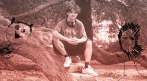 Teenage boy sitting on a tree trunk in a park, wearing a Star Wars t-shirt and headphones, with childlike illustrated characters drawn over the photo.