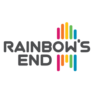 Rainbow's End logo with colourful vertical bars and bold grey text.