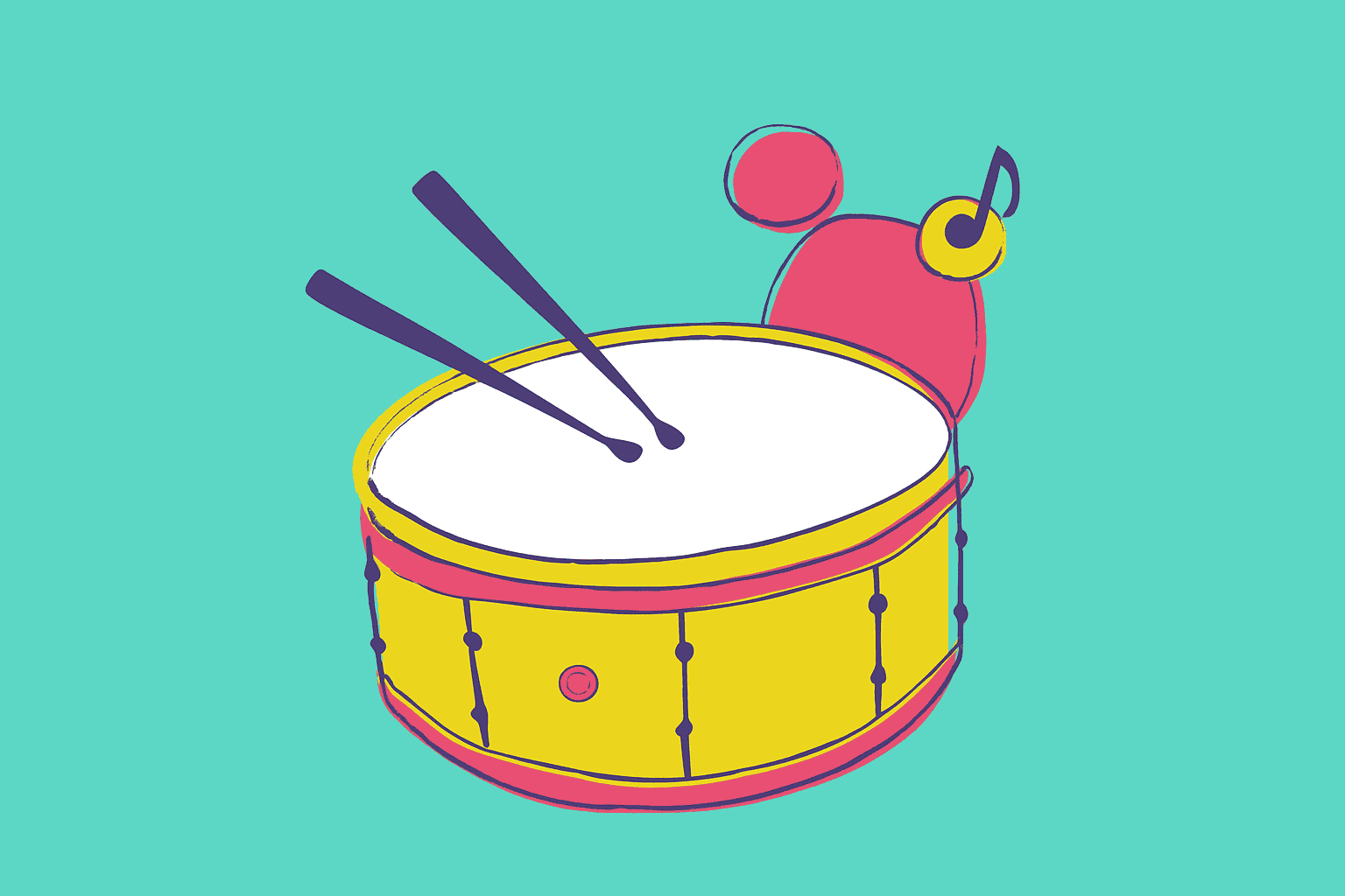 Illustrated yellow and red drum with drumsticks and musical note on a teal background