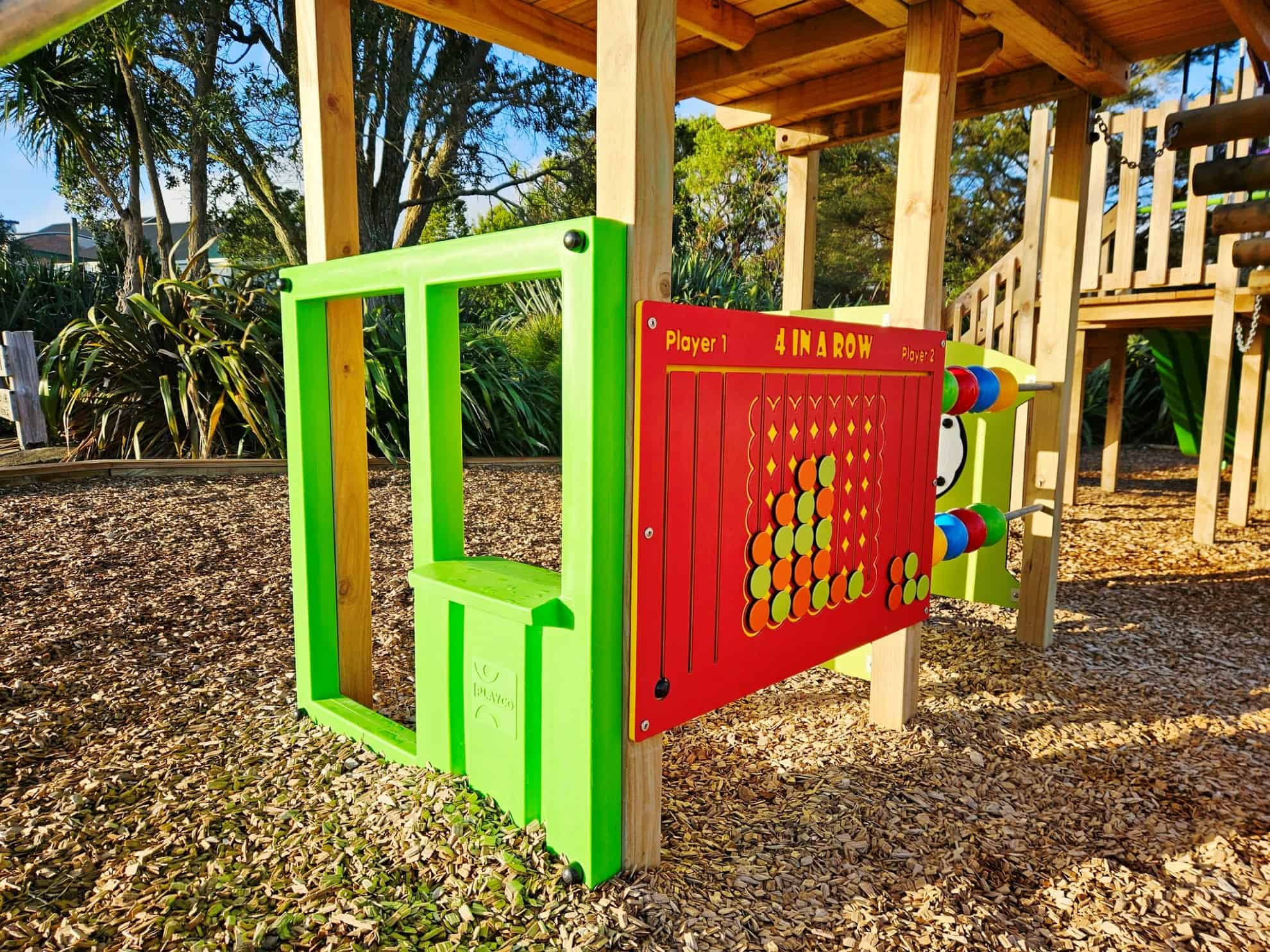 4-in-a-row game panel at Kaikoura Reserve Playground in Henderson – photo by Playco Playgrounds