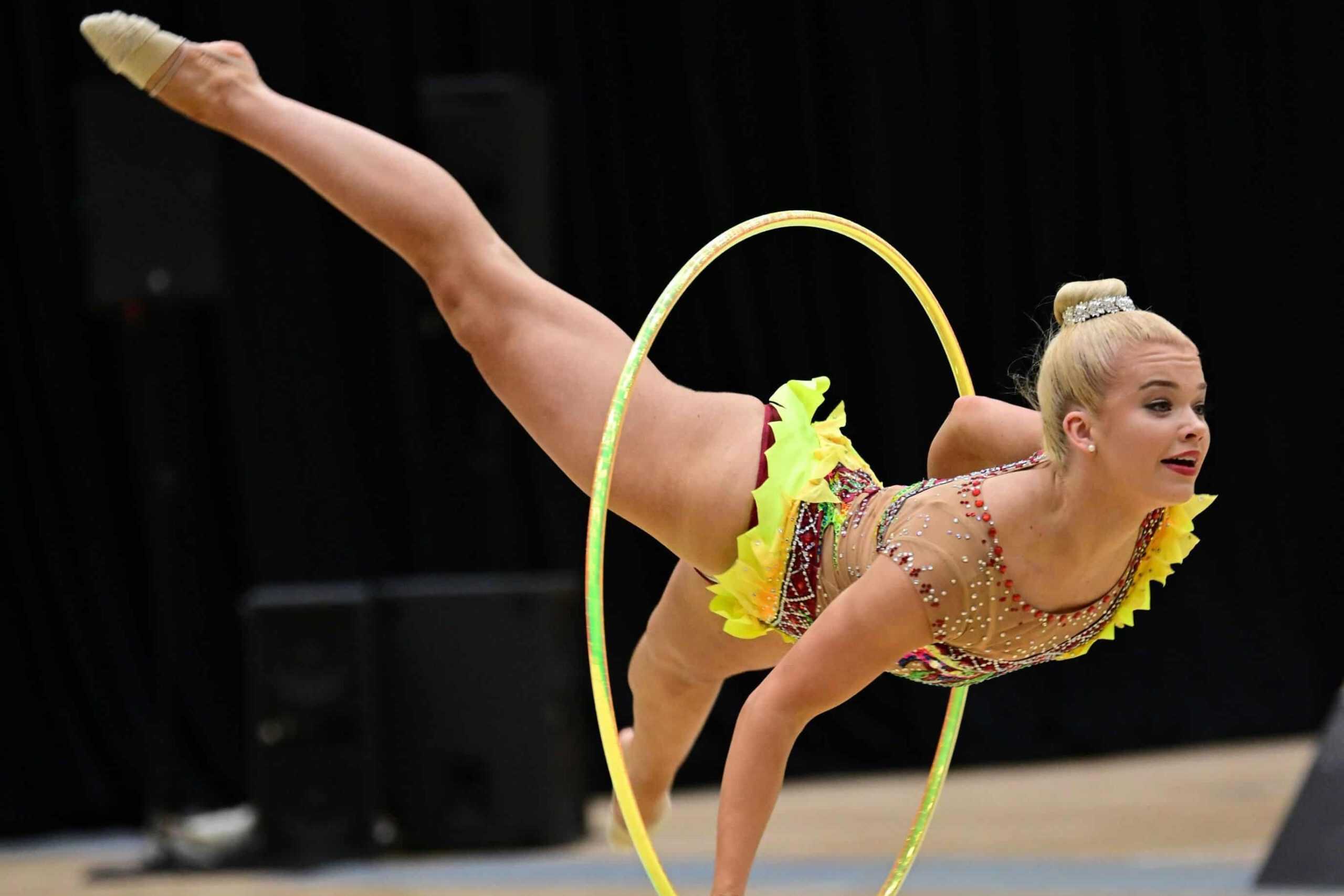 Gymnast performing at XP Gymnastics Nationals 2025 in New Zealand